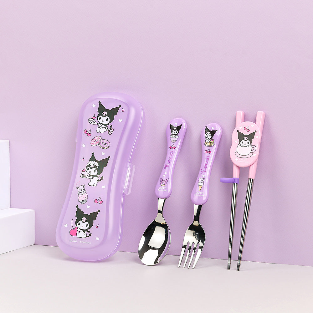 L!LFANT SANRIO Extreme Slim Stainless Chopsticks, Spoon & Fork Case Set - KUROMI